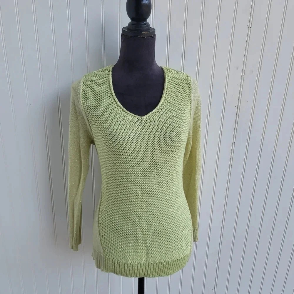 Chico's Women's Light Green Metallic Lurex Pullover Sweater V-Neck Knit Sz 1 (M)